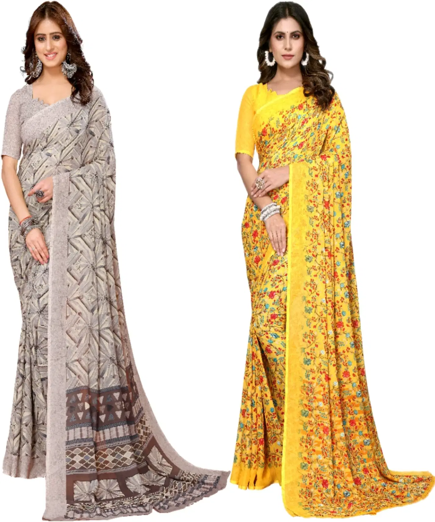     			Yashika Georgette Printed Regular Saree With Unstitched Blouse Piece ( Brown )