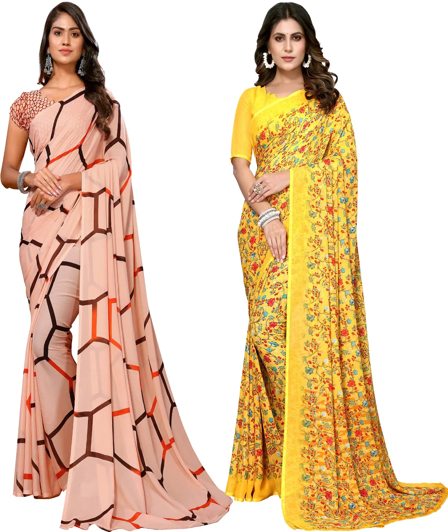     			Yashika Georgette Printed Regular Saree With Unstitched Blouse Piece ( Brown )