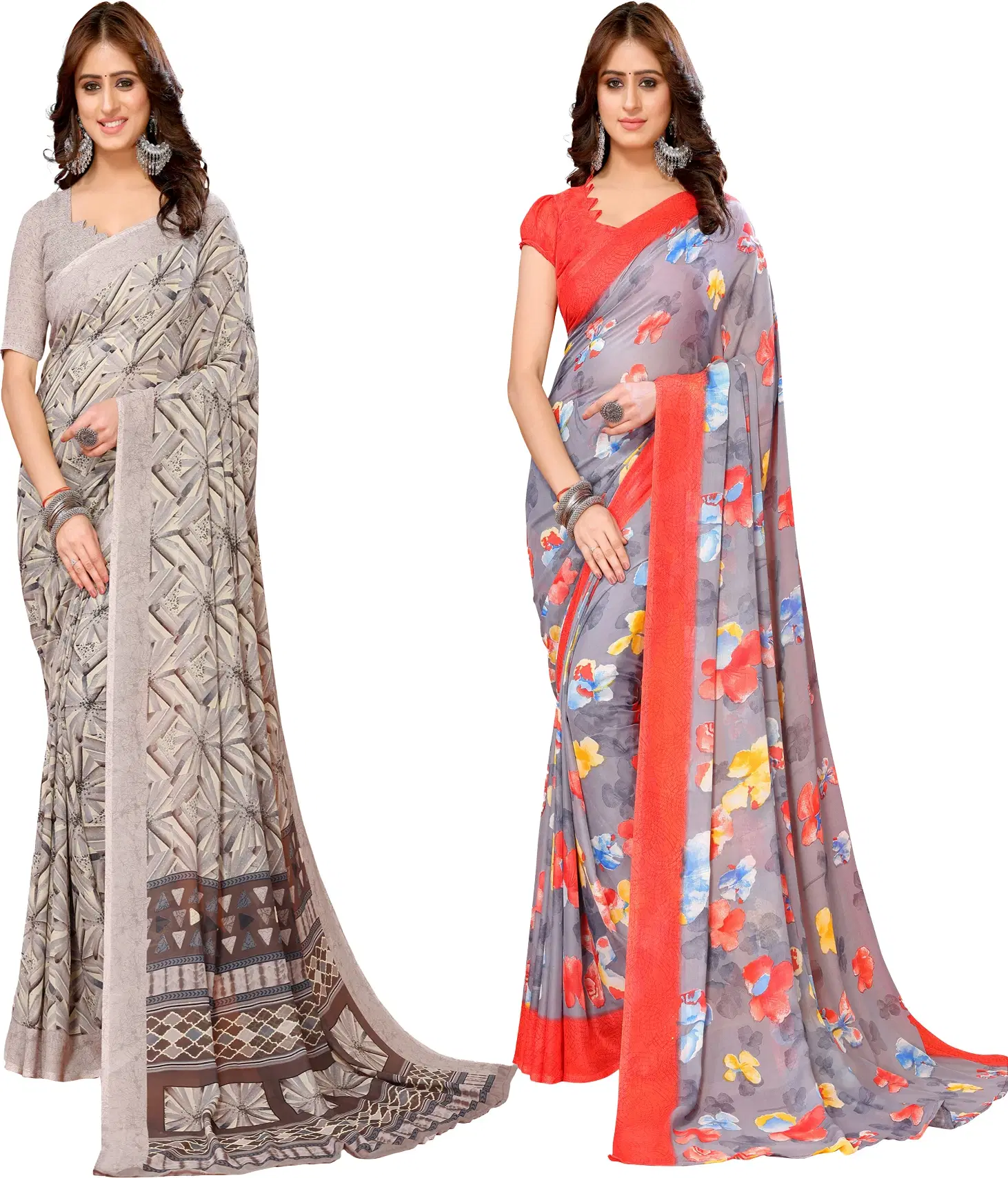     			Yashika Georgette Printed Regular Saree With Unstitched Blouse Piece ( Brown )