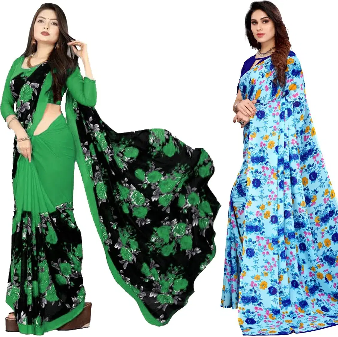     			Yashika Georgette Printed Regular Saree With Unstitched Blouse Piece ( Blue )