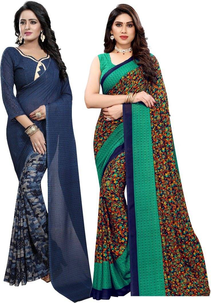 Yashika Georgette Printed Regular Saree With Unstitched Blouse Piece ( Navy Blue ) Yashika Georgette Printed Regular Saree With Unstitched Blouse Piece ( Navy Blue )
