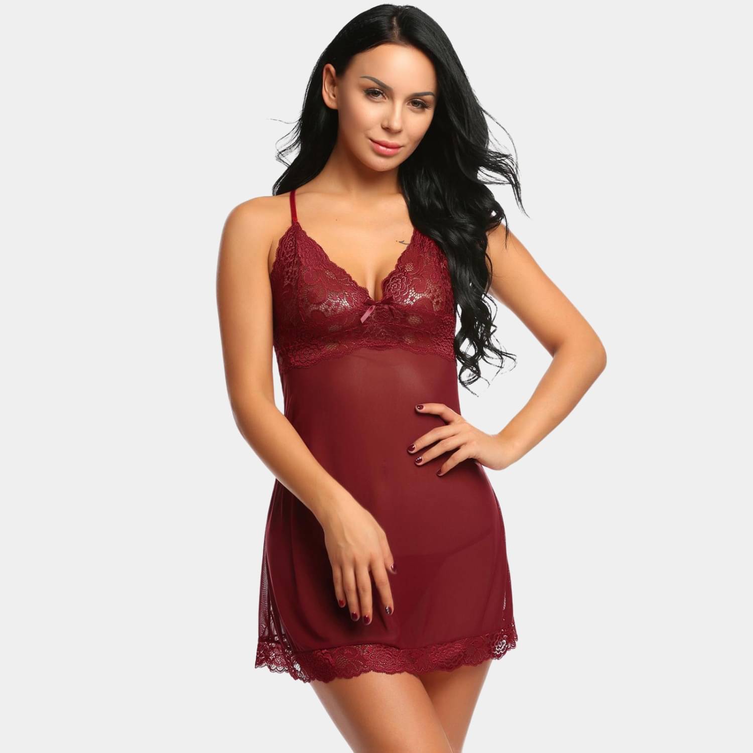     			Zerjama Maroon Net Women Baby Doll Dress With Panty