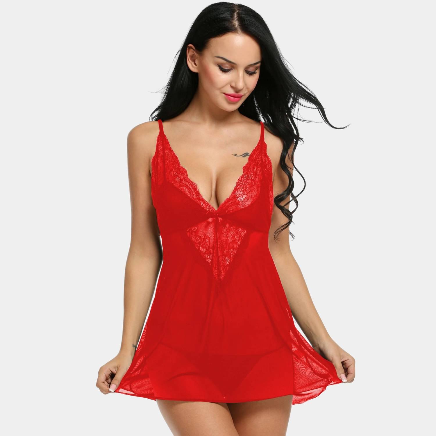     			Zerjama Red Net Women Baby Doll Dress With Panty