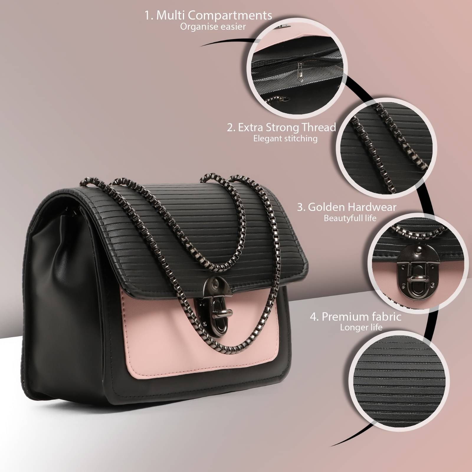     			classicove Handheld Bag PU Set of 1 ( Black,Pink )