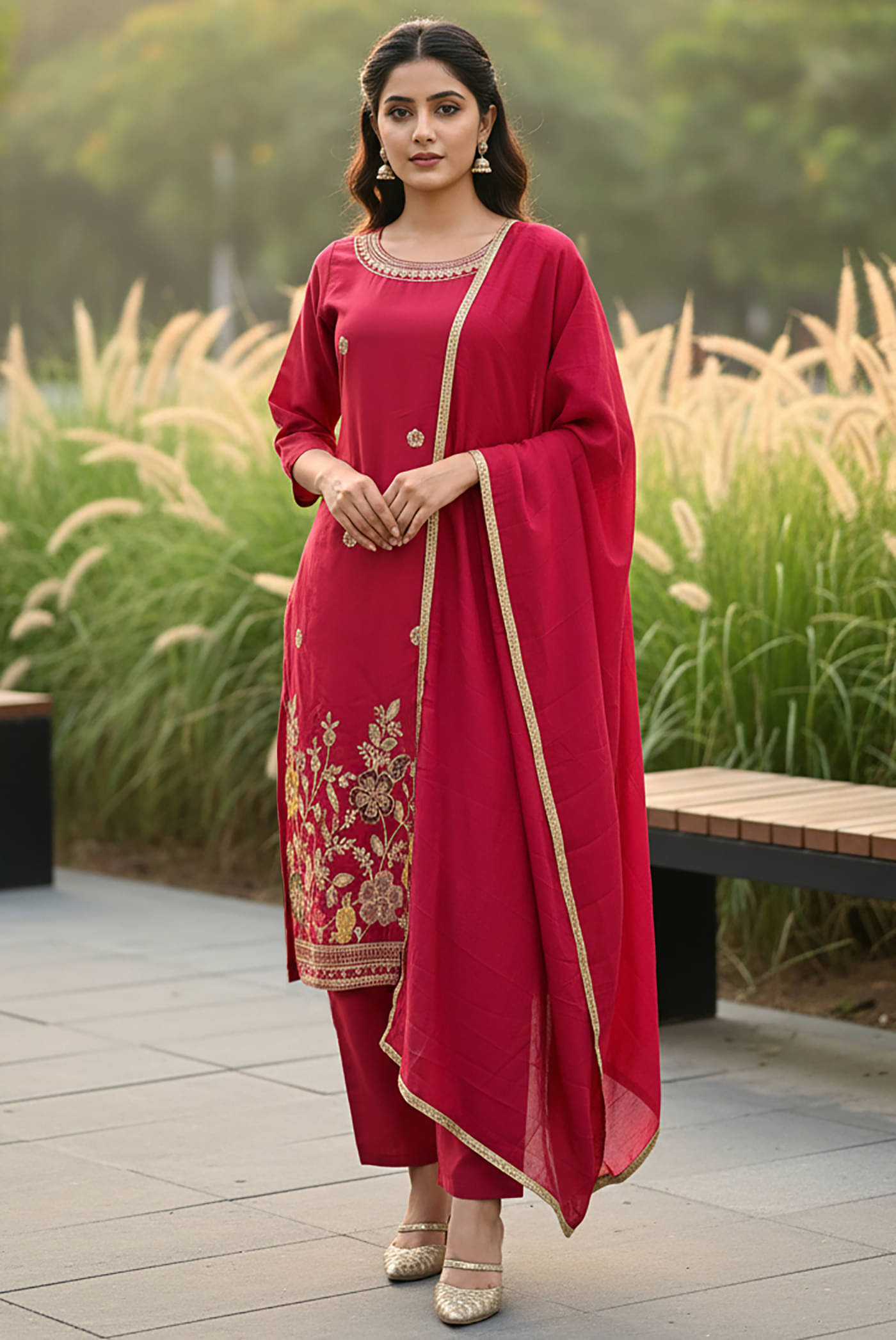     			kedar fab Women Cotton Blend Embroidered Straight Kurti With Palazzo ( Pink )