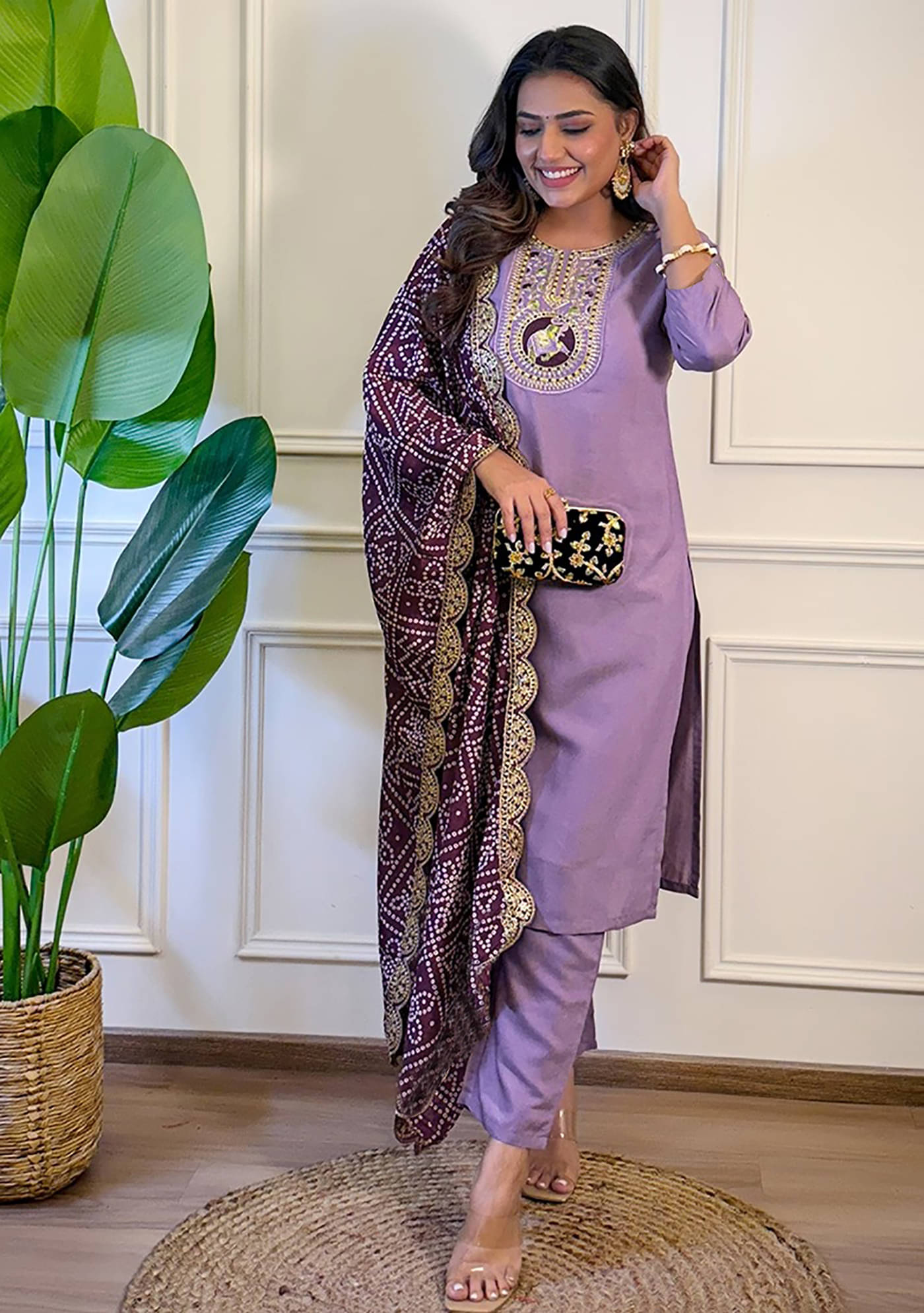     			kedar fab Women Cotton Blend Embroidered Straight Kurti With Pants ( Lavendar )