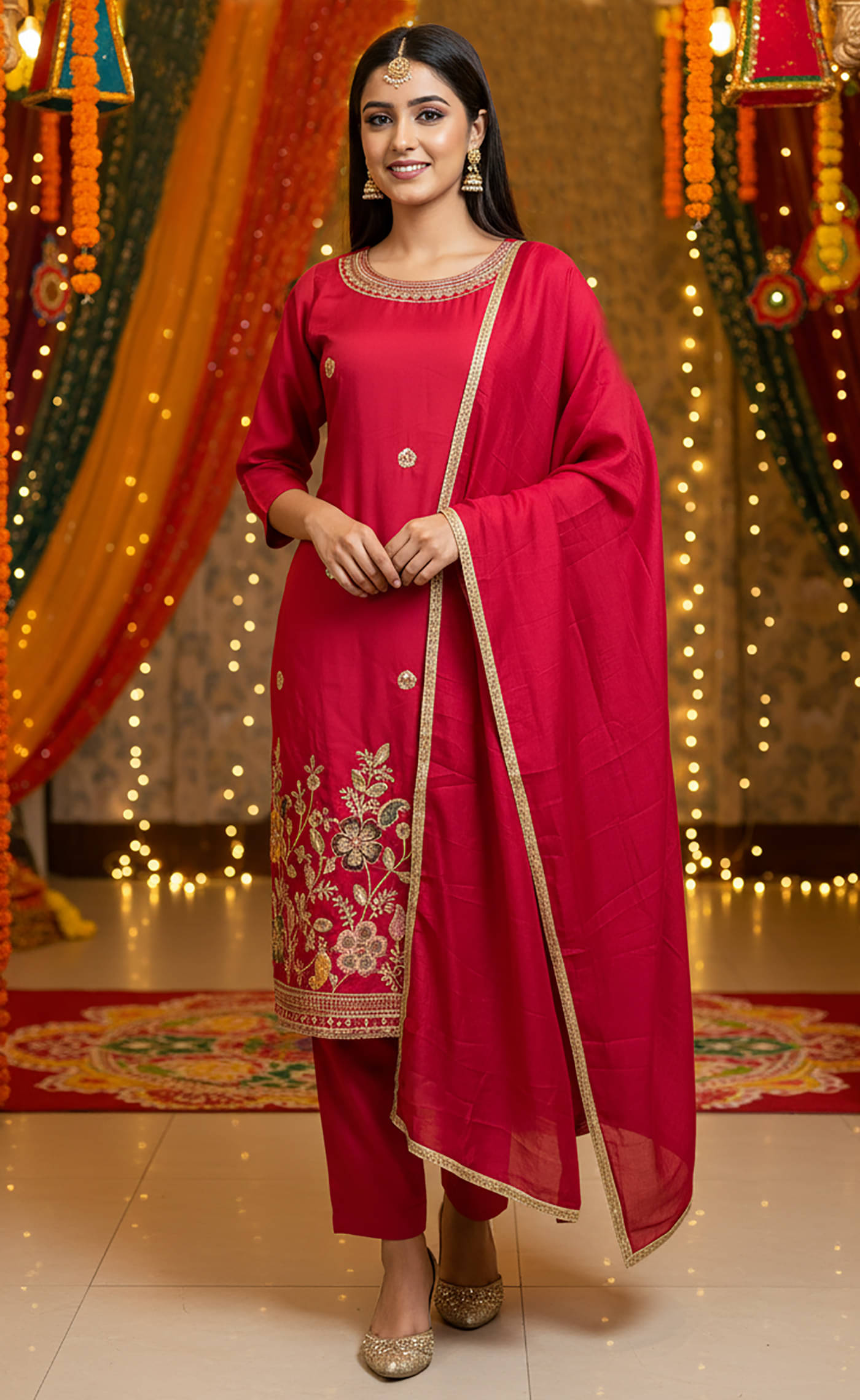     			kedar fab Women Cotton Blend Embroidered Straight Kurti With Palazzo ( Pink )