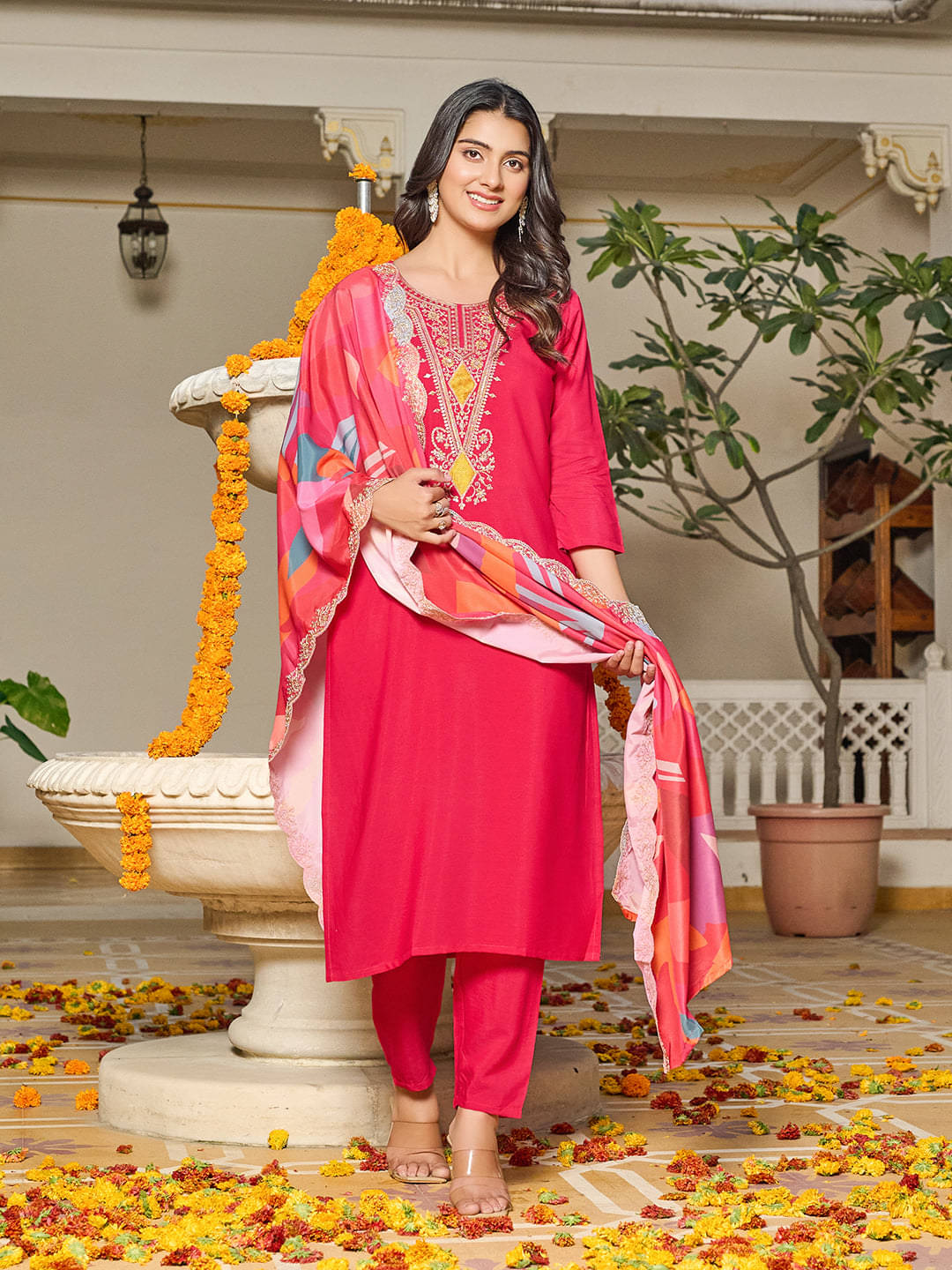     			kedar fab Women Cotton Blend Embroidered Straight Kurti With Pants ( Pink )