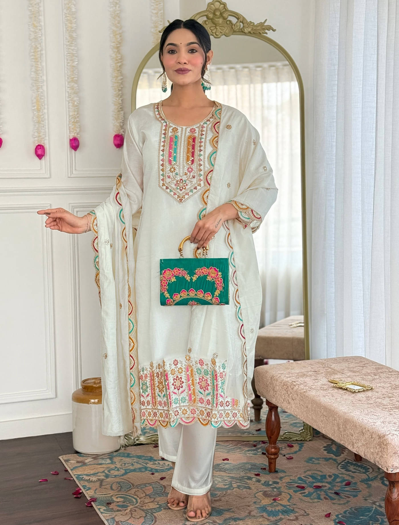     			kedar fab Women Cotton Blend Embroidered Straight Kurti With Pants ( White )