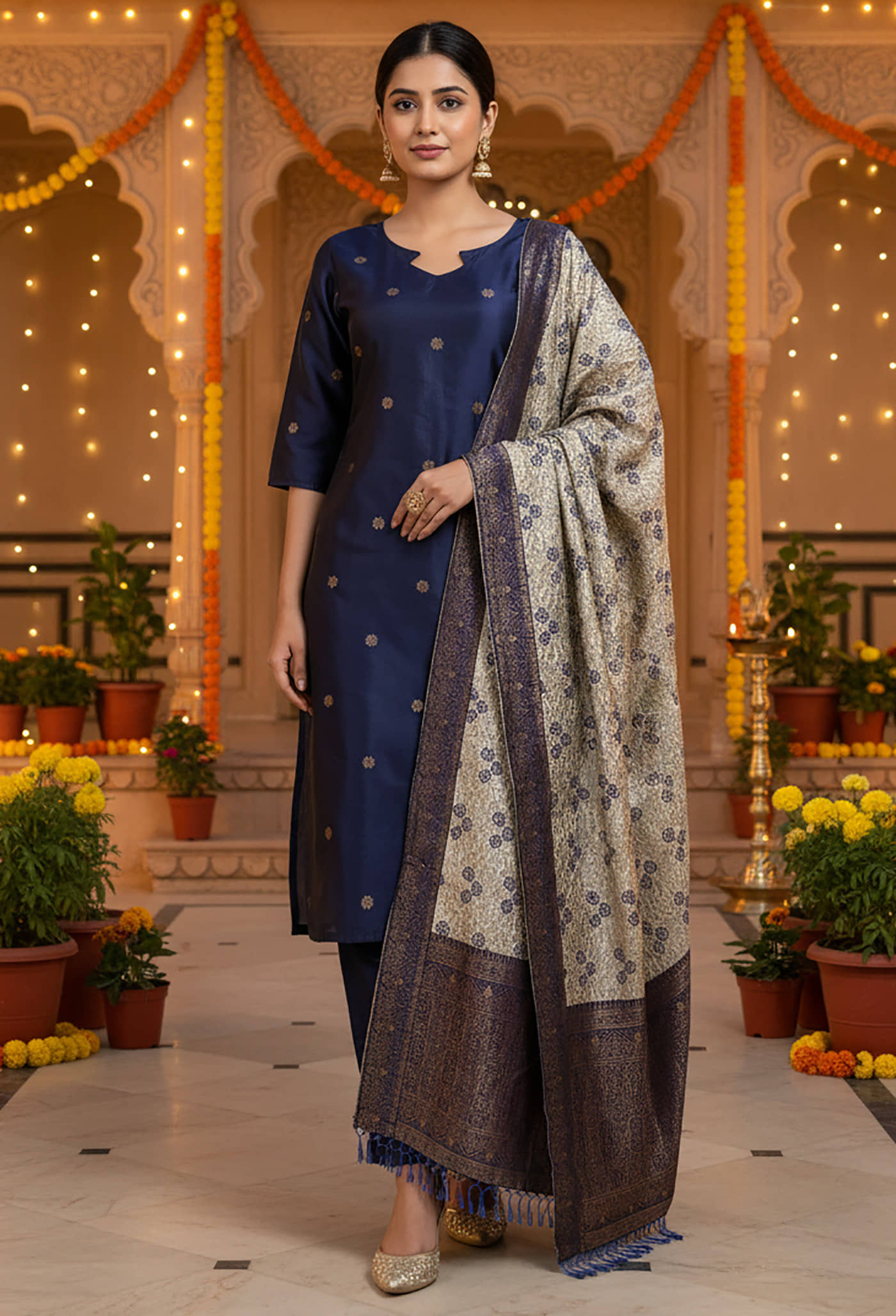 kedar fab Women Silk Blend Self Design Straight Kurti With Pants ( Blue )