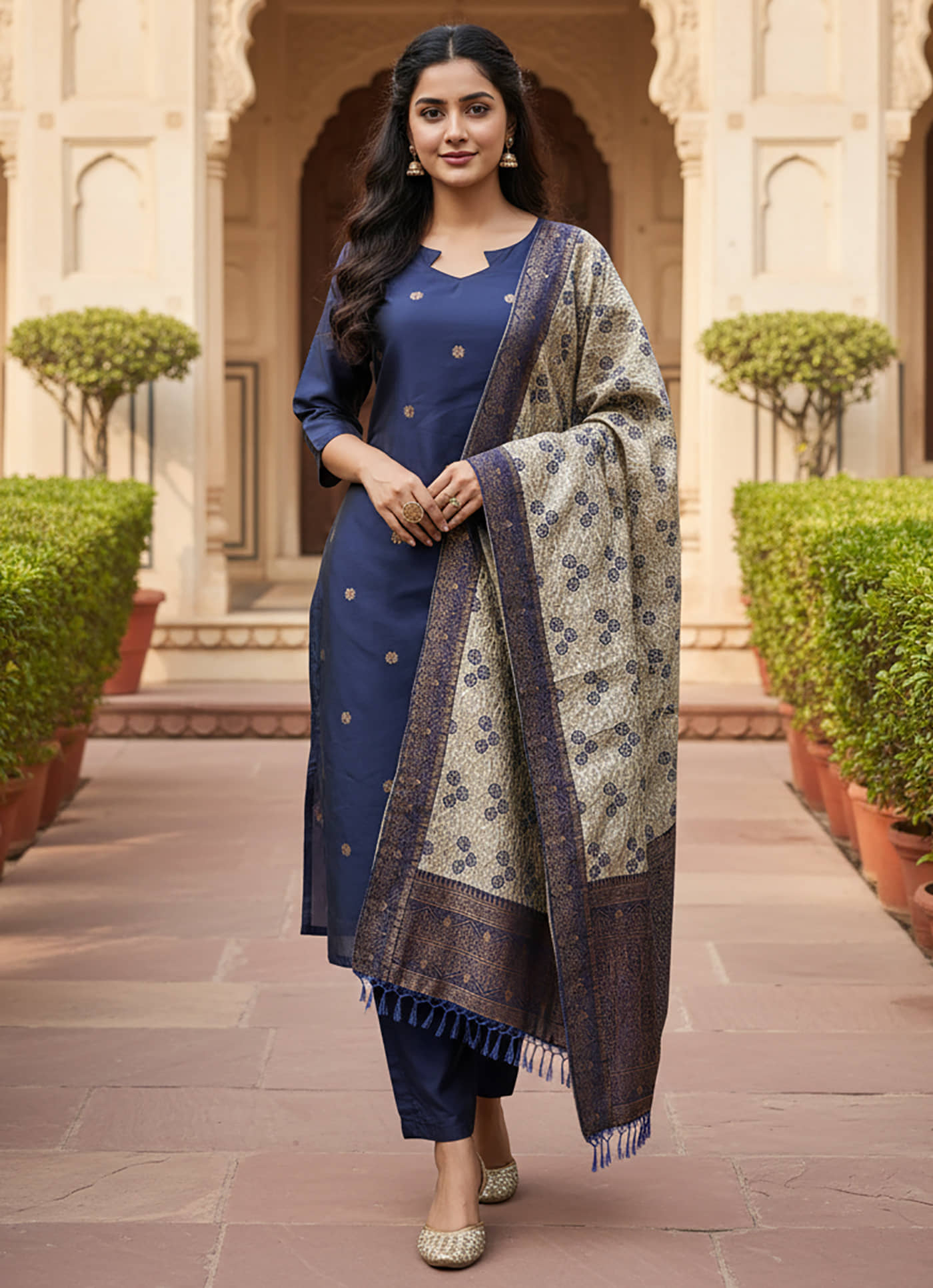 kedar fab Women Silk Blend Self Design Straight Kurti With Pants ( Blue )