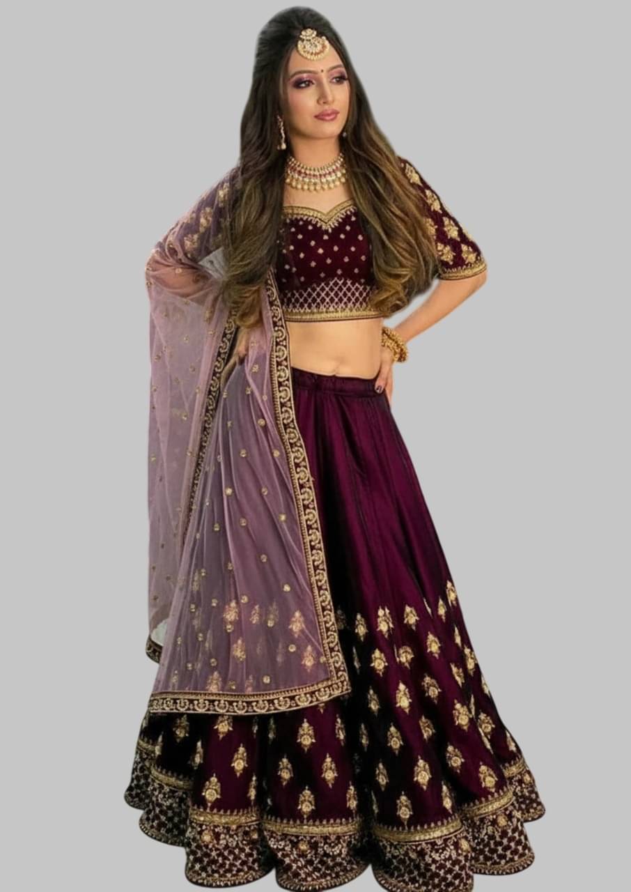     			Aika Women Velvet Flared Semi Stitched Lehenga Choli ( Wine )