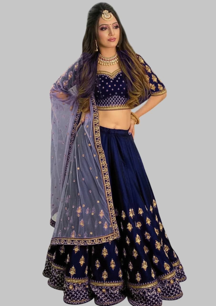 Aika Women Velvet Flared Semi Stitched Lehenga Choli ( Navy )