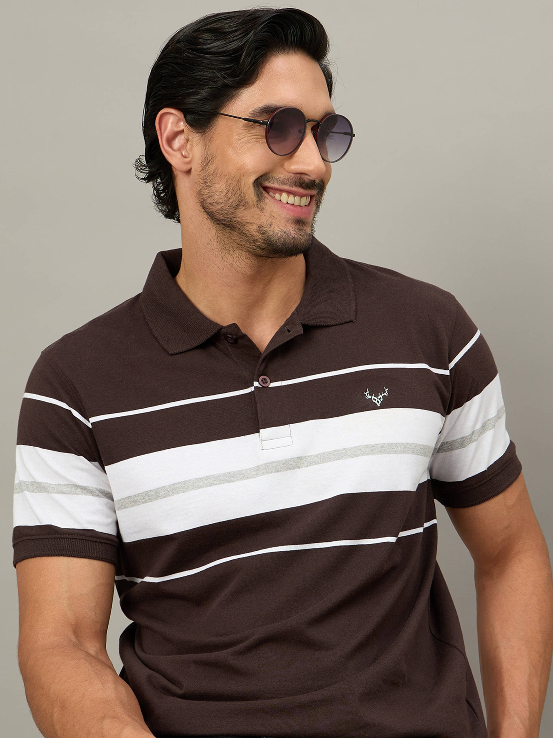     			BRONATION Men Cotton Blend Regular Fit Striped Polo T Shirt ( Coffee )