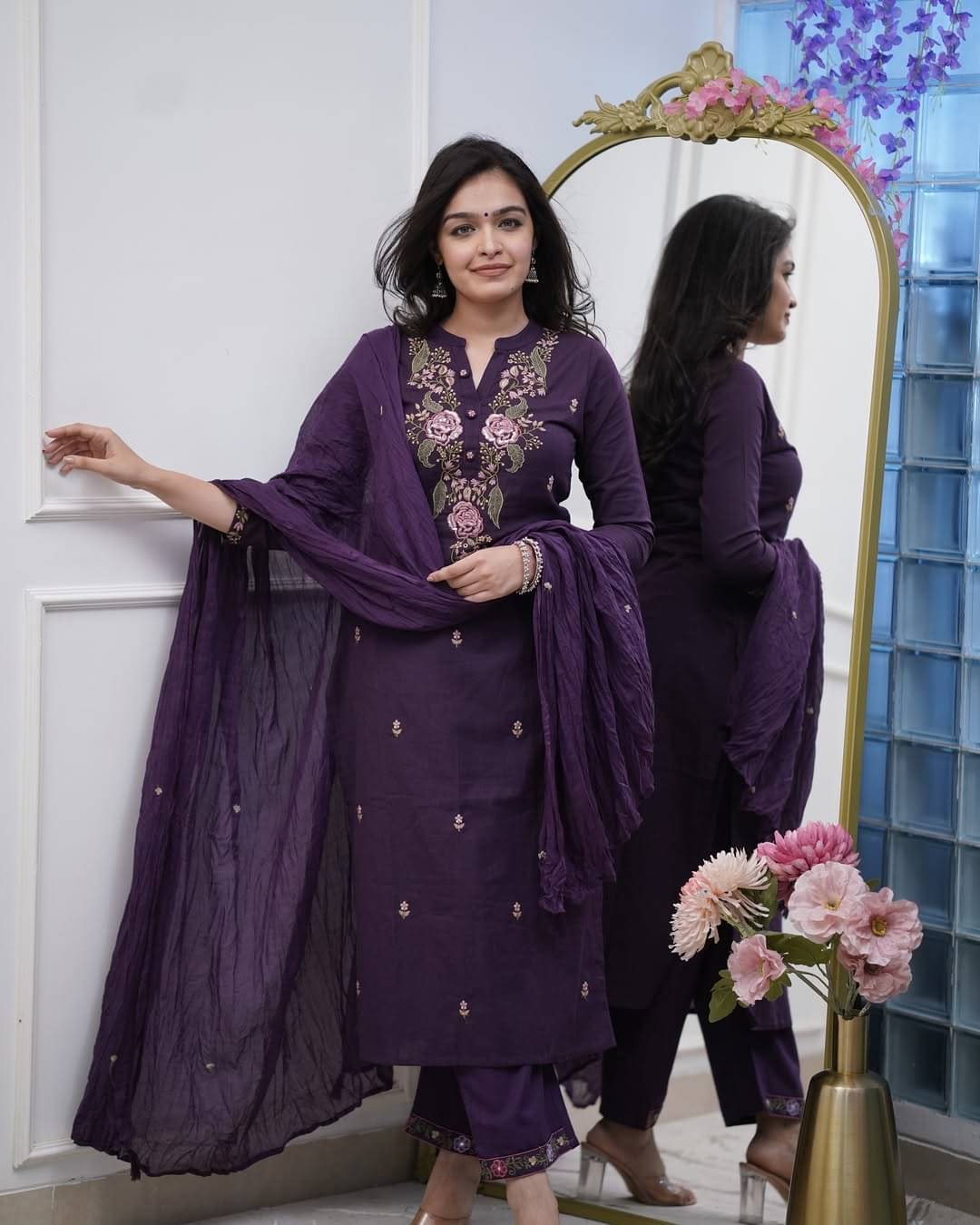     			C4A Women Rayon Embroidered Straight Kurti With Pants ( Wine )