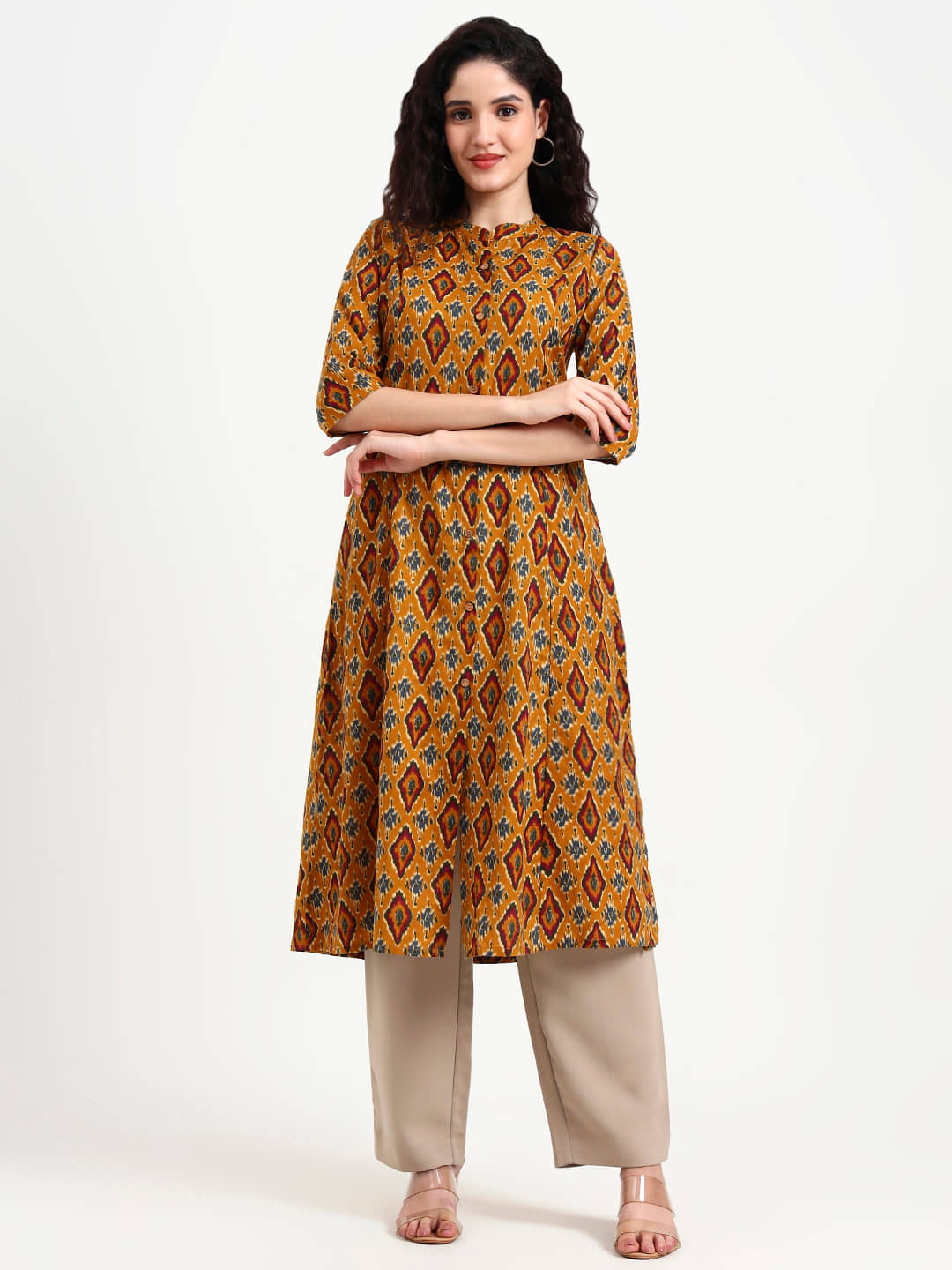 Divena Women Cotton Printed A-line Kurti ( Mustard ) - Kurtis, Tunics | Buy online on ZillyBuy