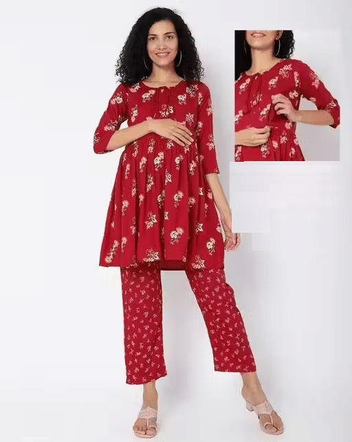     			GENERIC SAURABH ENTERPRISES Rayon Printed Women Maternity Kurti with Pyjama ( Maroon )