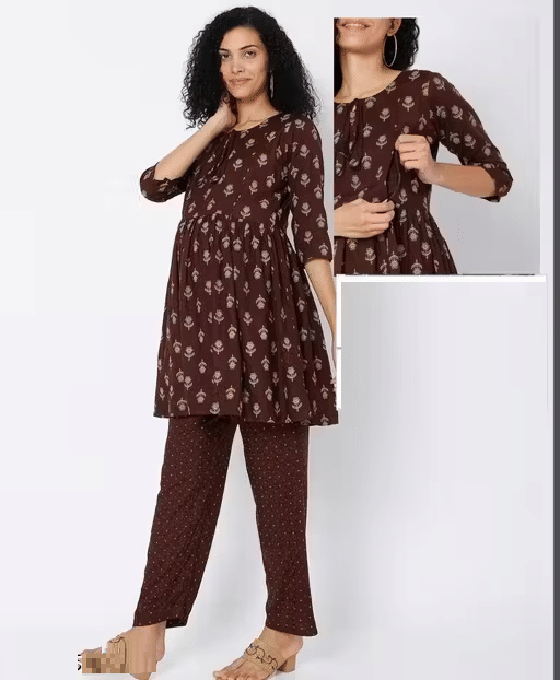     			GENERIC SAURABH ENTERPRISES Rayon Printed Women Maternity Kurti with Pyjama ( Coffee )