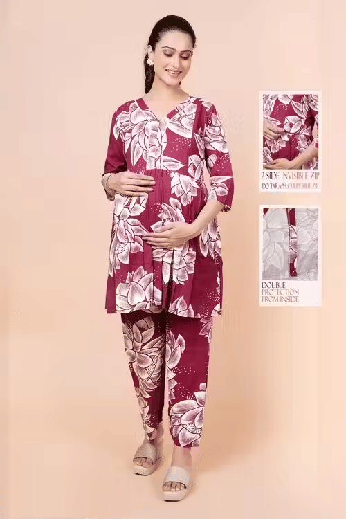 GENERIC SAURABH ENTERPRISES Rayon Printed Women Maternity Kurti with Pyjama ( Wine ) GENERIC SAURABH ENTERPRISES Rayon Printed Women Maternity Kurti with Pyjama ( Wine )