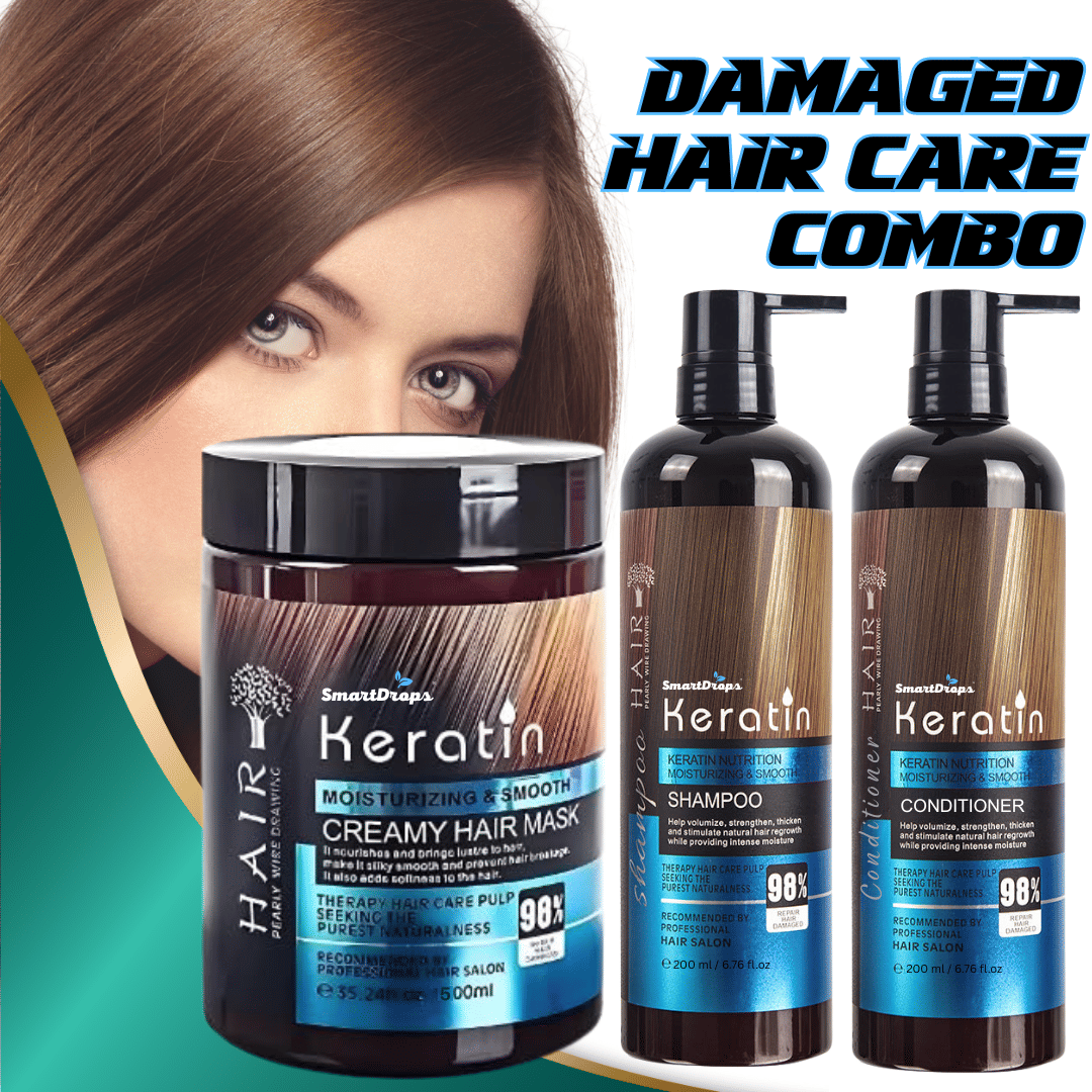 Hair Shampoo Conditioner & Keratin Mask Combo for Damaged and Stressed Hair - For Nourishes, Smooths & Protects Hair     			Hair Shampoo Conditioner & Keratin Mask Combo for Damaged and Stressed Hair - For Nourishes, Smooths & Protects Hair