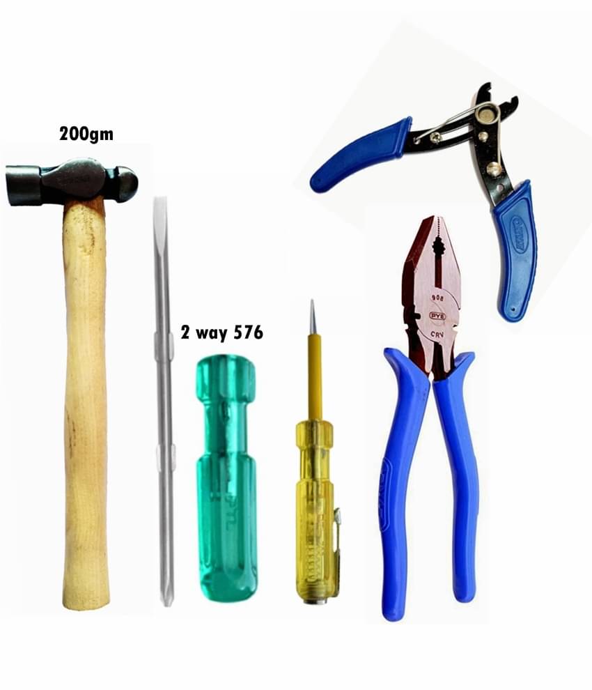     			Heavy Duty Ball Pein Hammer,2 way Screwdrver,Tester Yellow,Wire Stripper & PYE Lineman Plier 205 mm 8 Inch