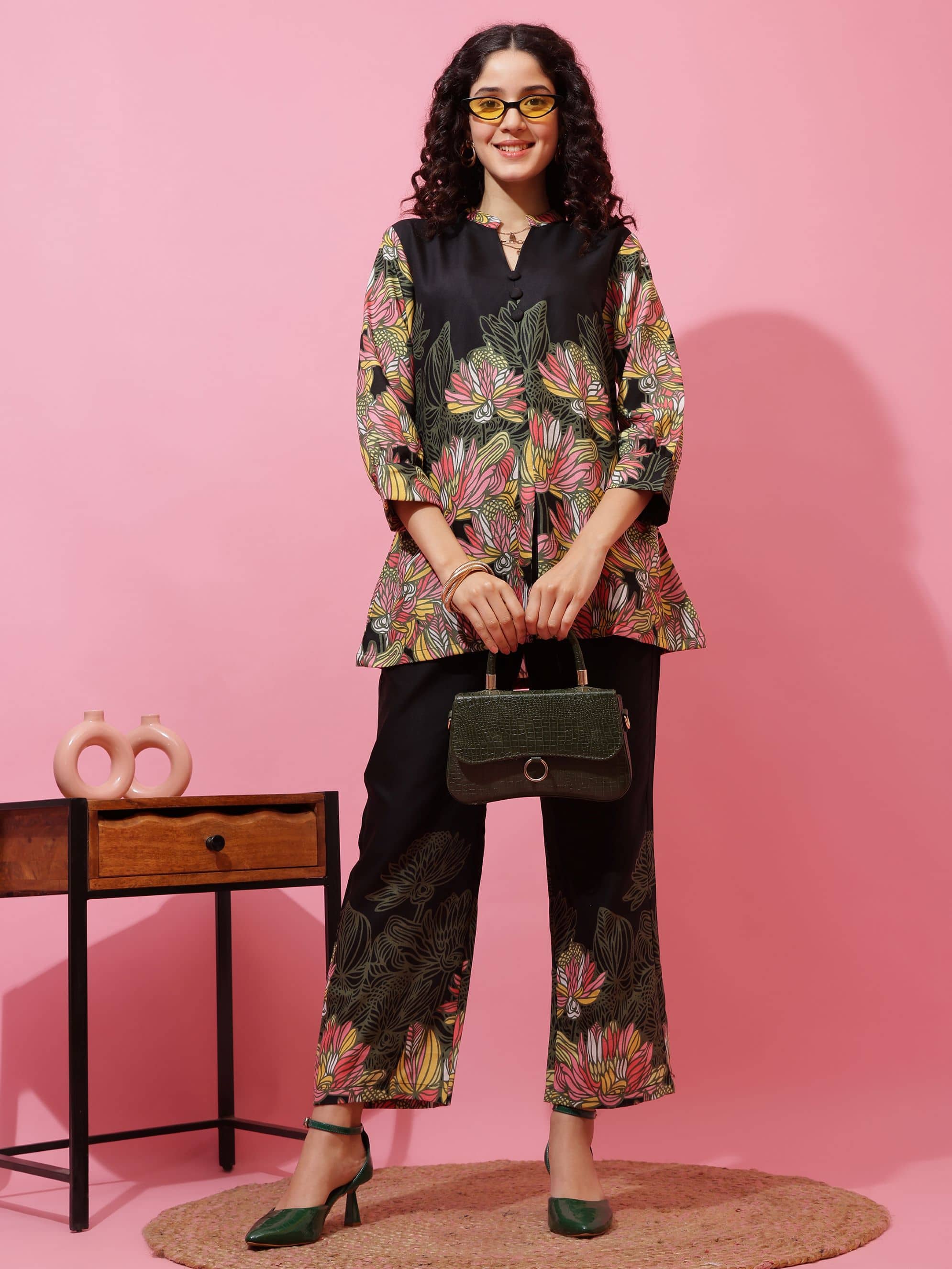 Honky Tonky Women Printed Top With Trousers Co-Ord Set ( Black )