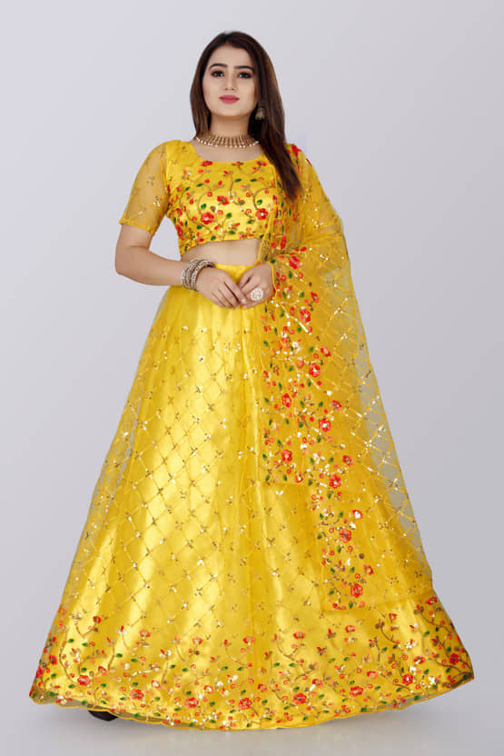 JULEE Women Net Flared Semi Stitched Lehenga Choli ( Blue )