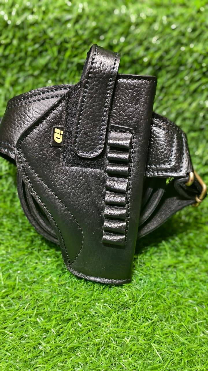     			LEATHER  Gun Cover Case, Protective Storage Holster, Open Pistol Belt Holster (Black)
