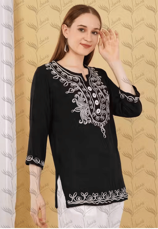     			LIBAAS INDIA Women Cotton Blend Embroidered A-line Kurti ( Black )