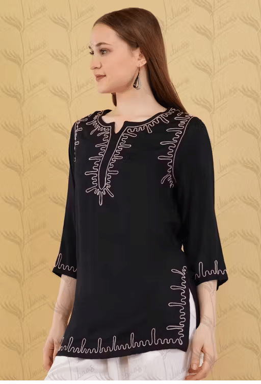     			LIBAAS INDIA Women Cotton Blend Embroidered A-line Kurti ( Black )