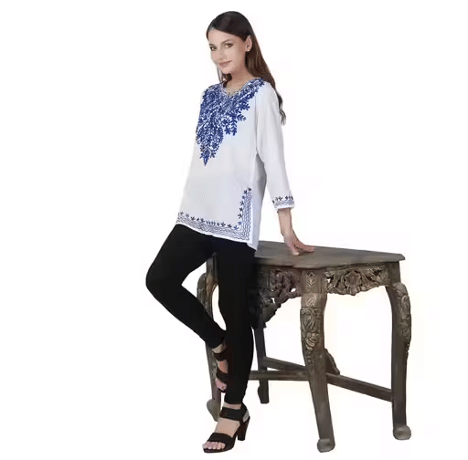     			LIBAAS INDIA Women Cotton Blend Embroidered A-line Kurti ( Blue )