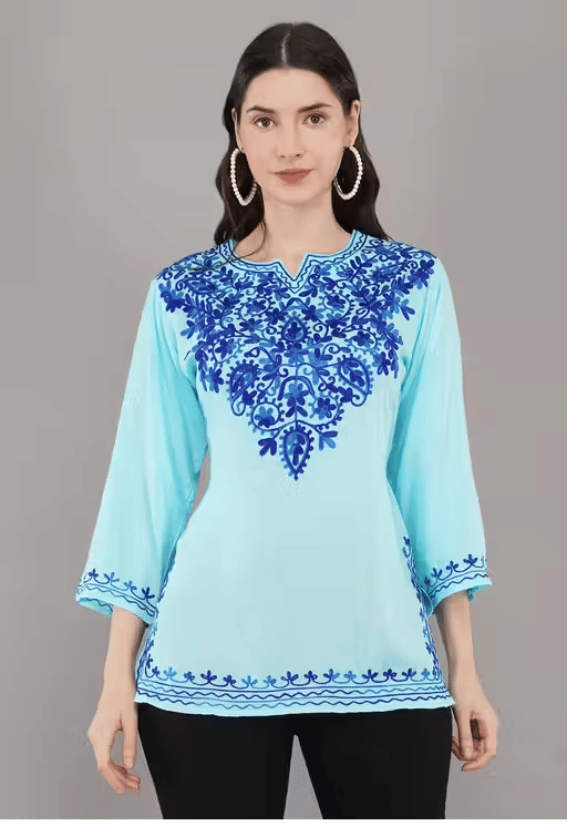     			LIBAAS INDIA Women Cotton Blend Embroidered A-line Kurti ( Blue )