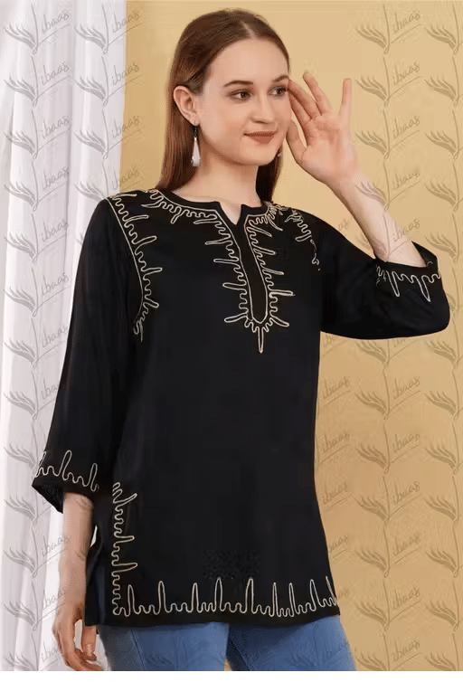     			LIBAAS INDIA Women Cotton Blend Embroidered A-line Kurti ( Black )