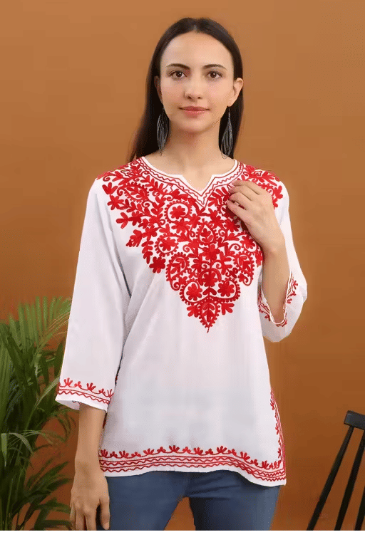     			LIBAAS INDIA Women Cotton Embroidered A-line Kurti ( Red )