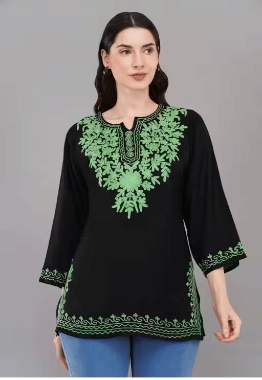     			LIBAAS INDIA Women Cotton Embroidered A-line Kurti ( Green )