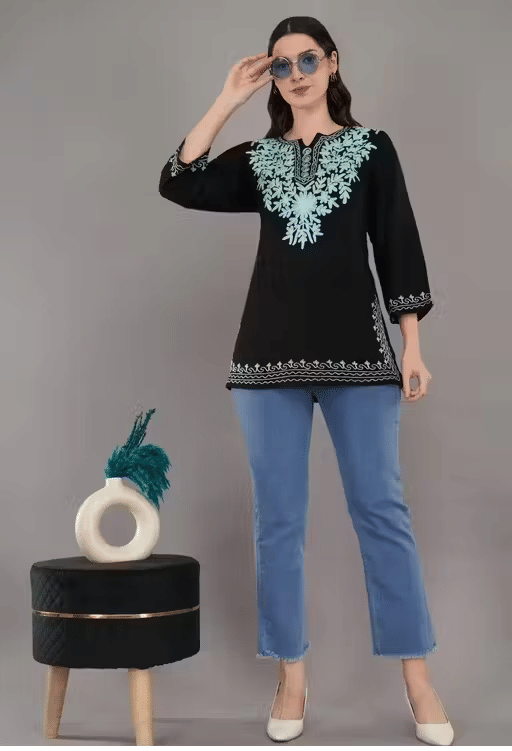    			LIBAAS INDIA Women Cotton Embroidered A-line Kurti ( Blue )