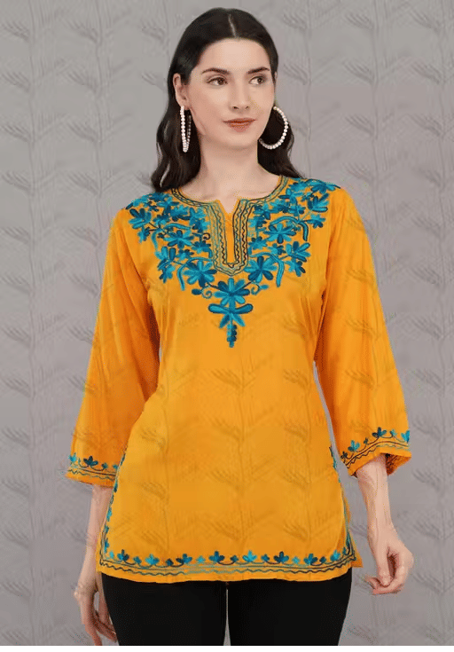     			LIBAAS INDIA Women Rayon Embroidered A-line Kurti ( Mustard )