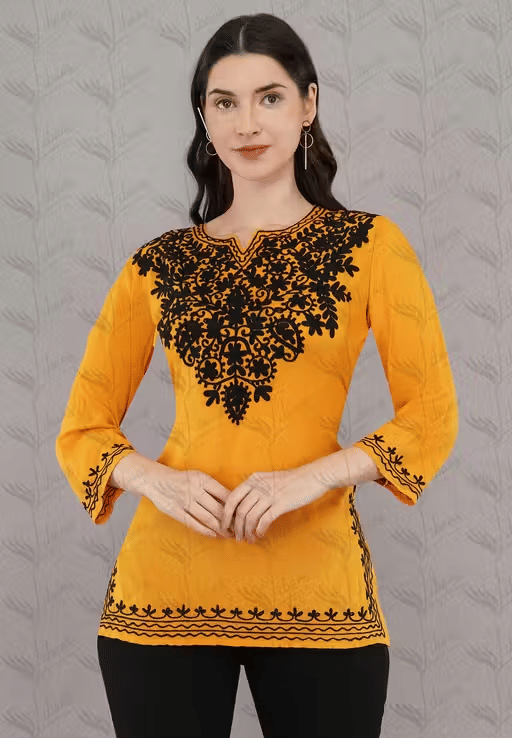     			LIBAAS INDIA Women Rayon Embroidered A-line Kurti ( Mustard )
