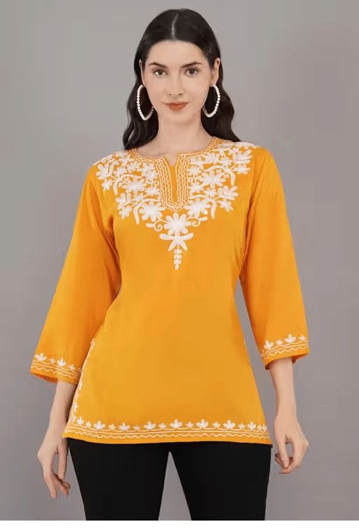     			LIBAAS INDIA Women Rayon Embroidered A-line Kurti ( Mustard )