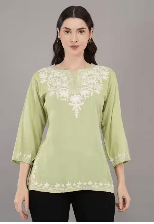     			LIBAAS INDIA Women Rayon Embroidered A-line Kurti ( Green )
