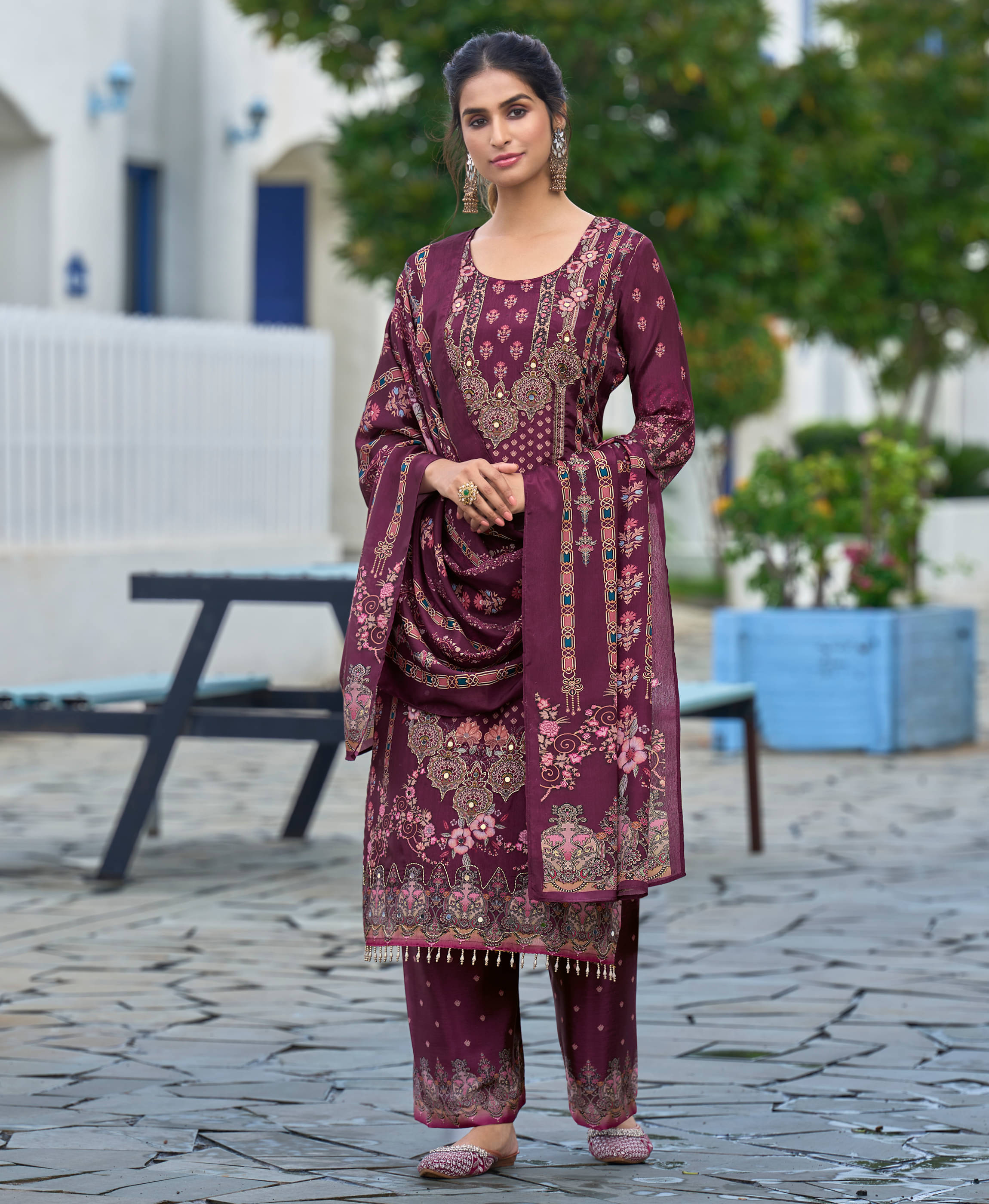     			MOJILAA Women Chiffon Printed Straight Kurti With Palazzo ( Purple )