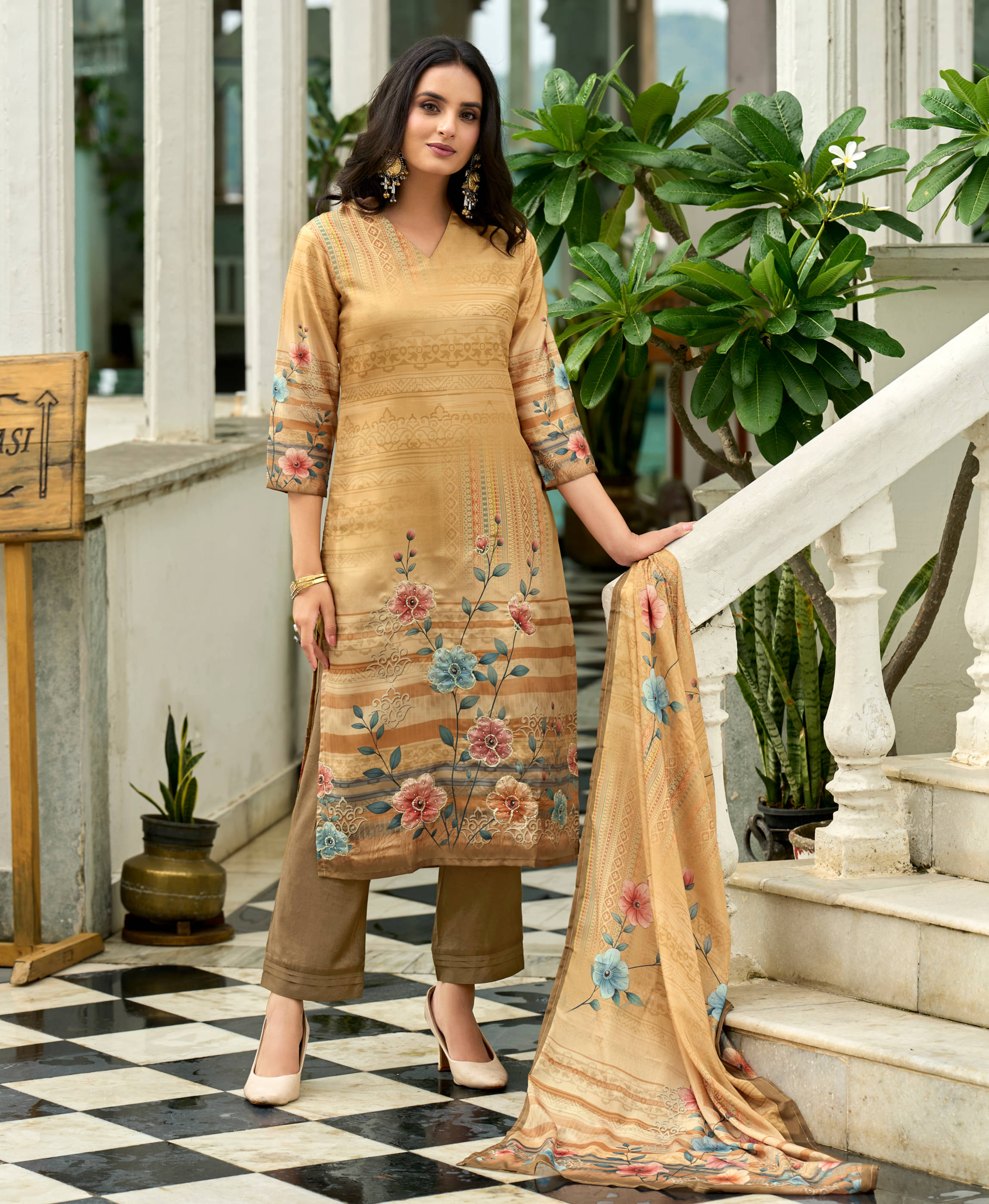 MOJILAA Women Organza Printed Straight Kurti With Pants ( Cream )     			MOJILAA Women Organza Printed Straight Kurti With Pants ( Cream )