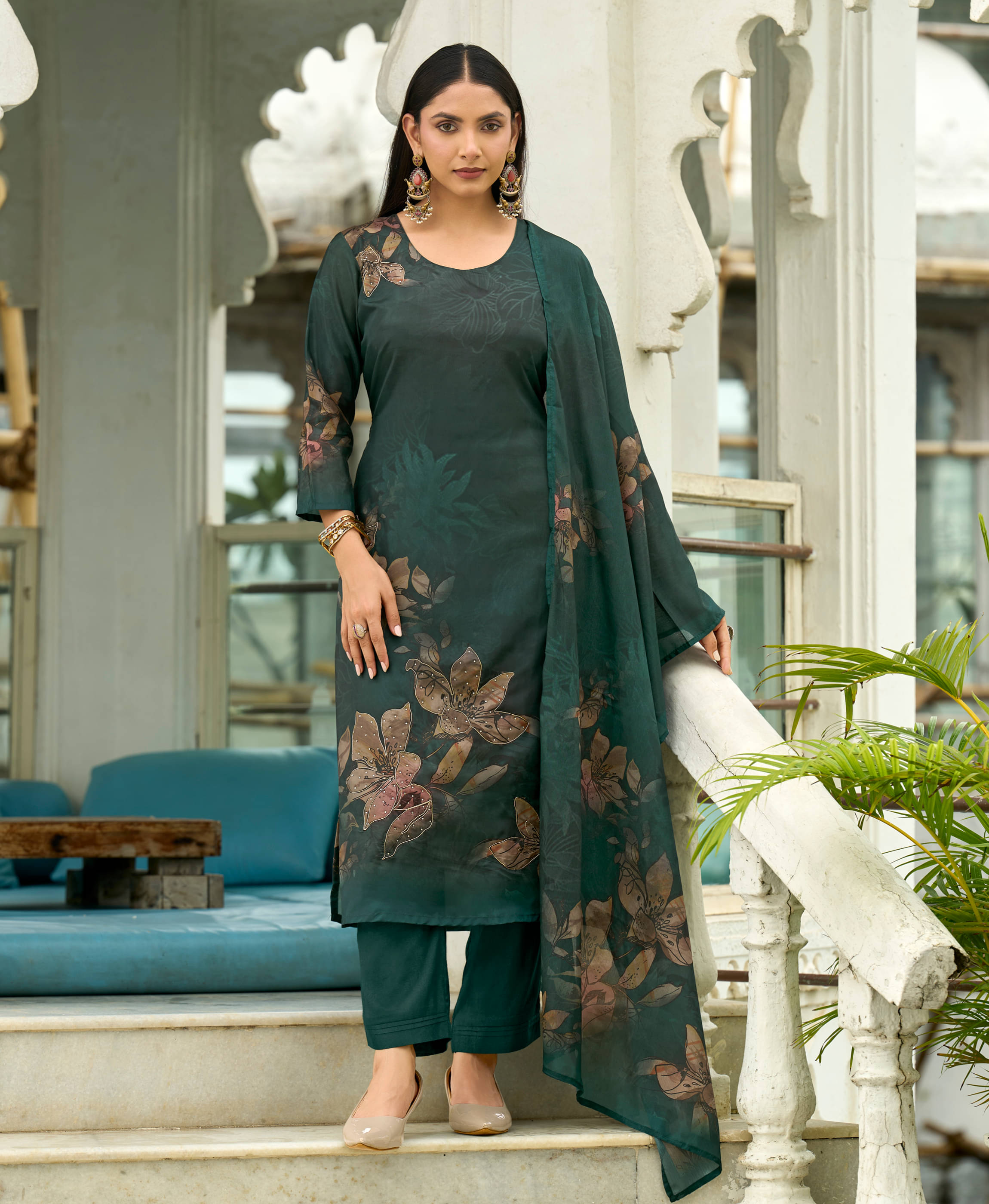     			MOJILAA Women Organza Printed Straight Kurti With Pants ( Dark Green )