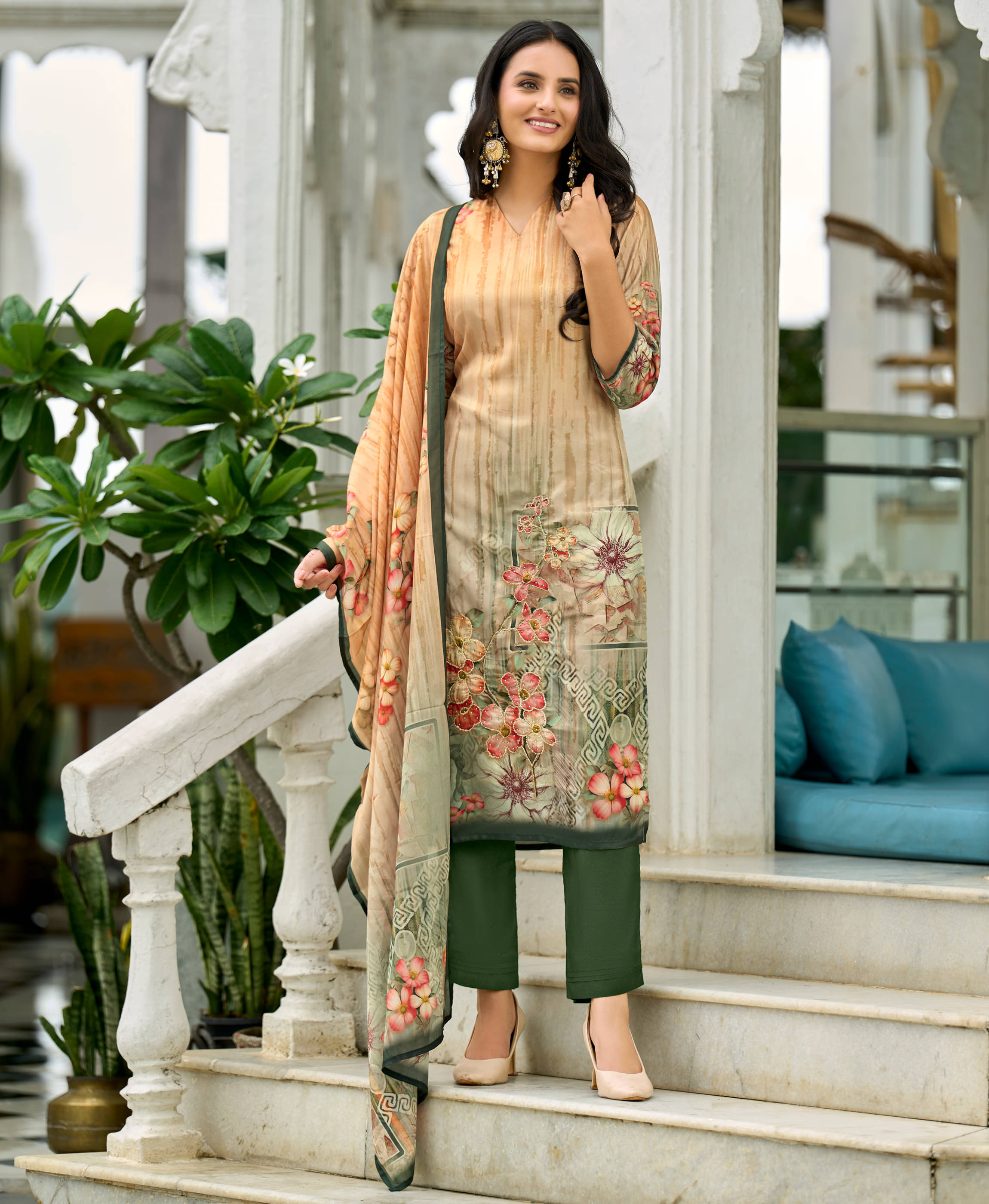     			MOJILAA Women Organza Printed Straight Kurti With Pants ( Beige )