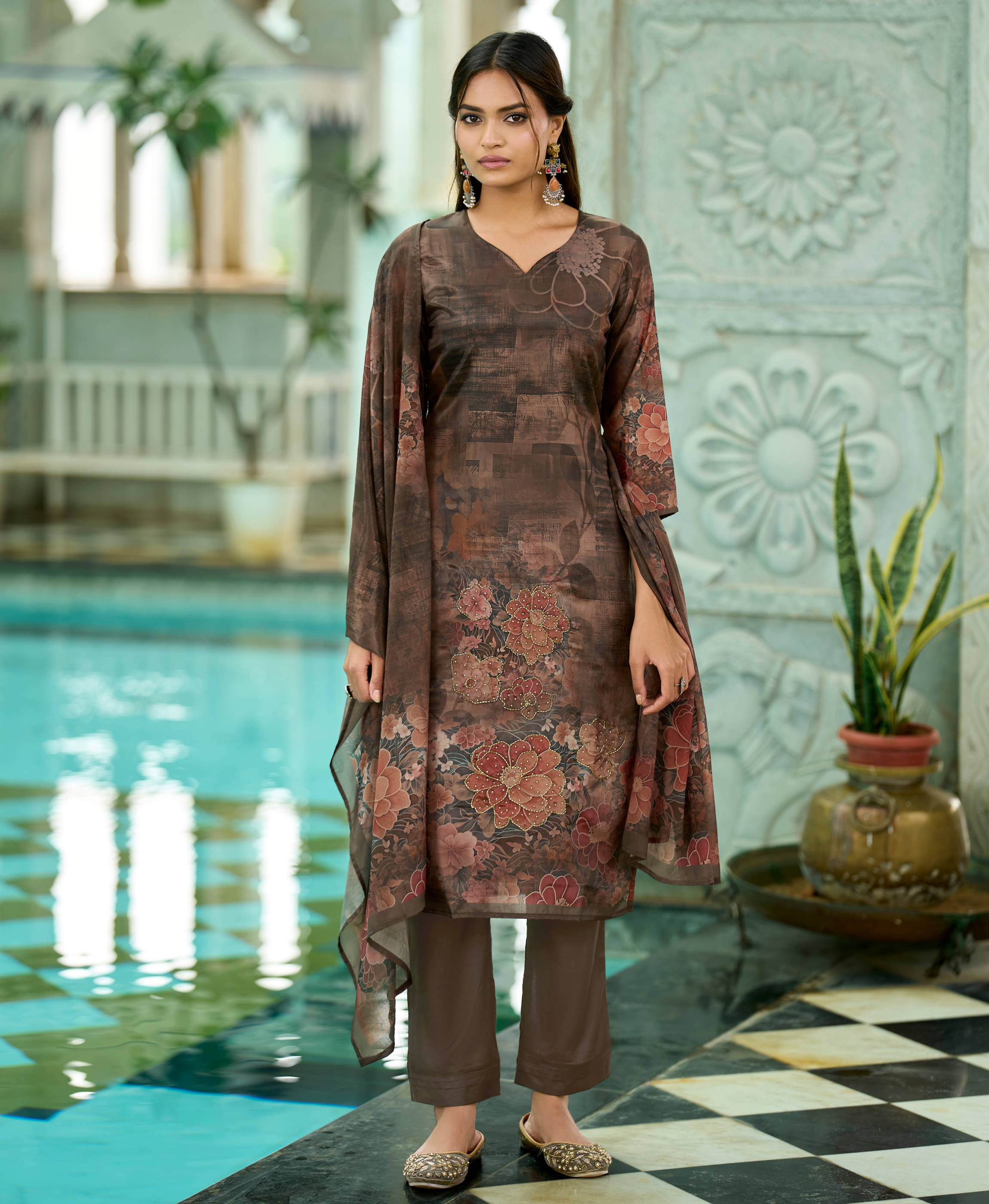     			MOJILAA Women Organza Printed Straight Kurti With Pants ( Brown )