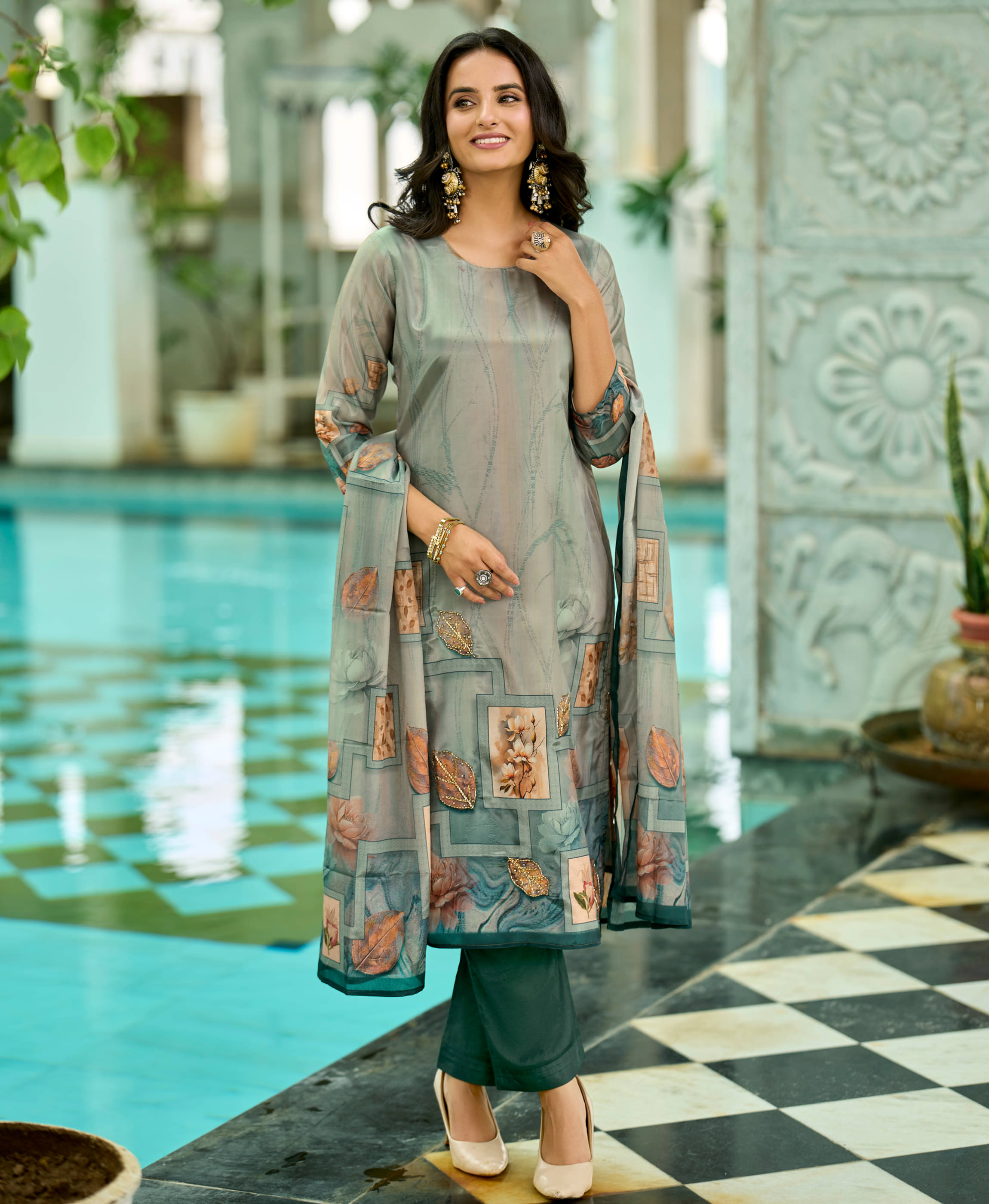     			MOJILAA Women Organza Printed Straight Kurti With Pants ( Sea Green )
