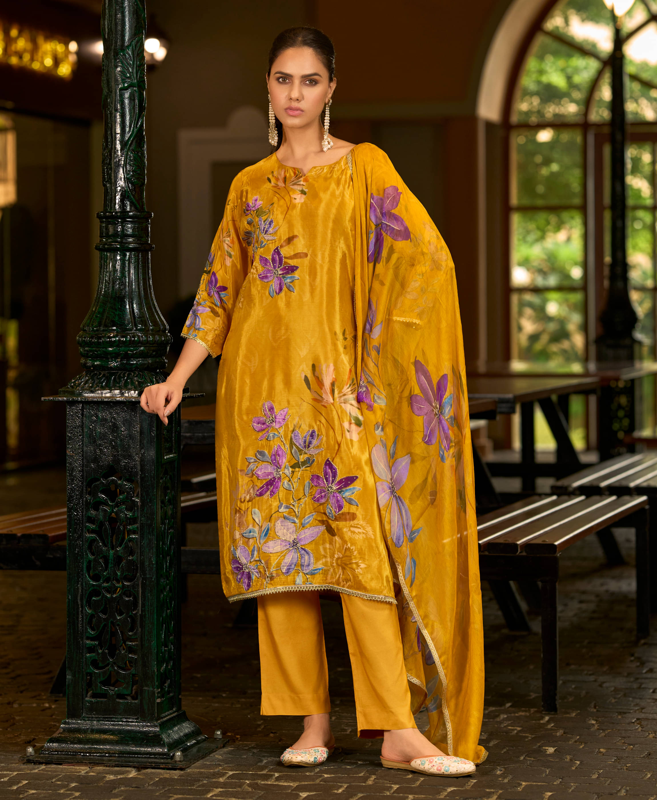 MOJILAA Women Organza Printed Straight Kurti With Pants ( Mustard ) MOJILAA Women Organza Printed Straight Kurti With Pants ( Mustard )