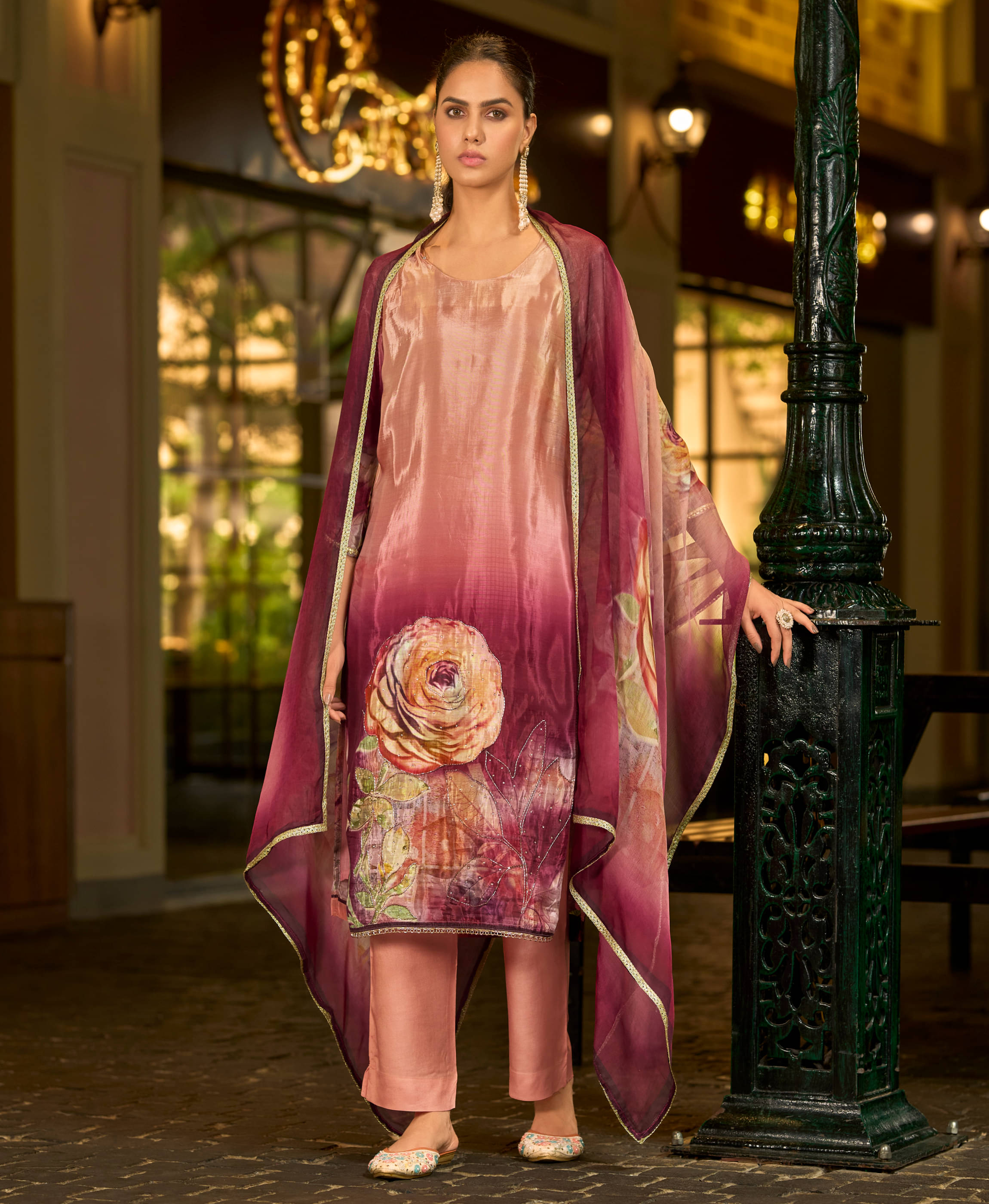     			MOJILAA Women Organza Printed Straight Kurti With Pants ( Mauve )