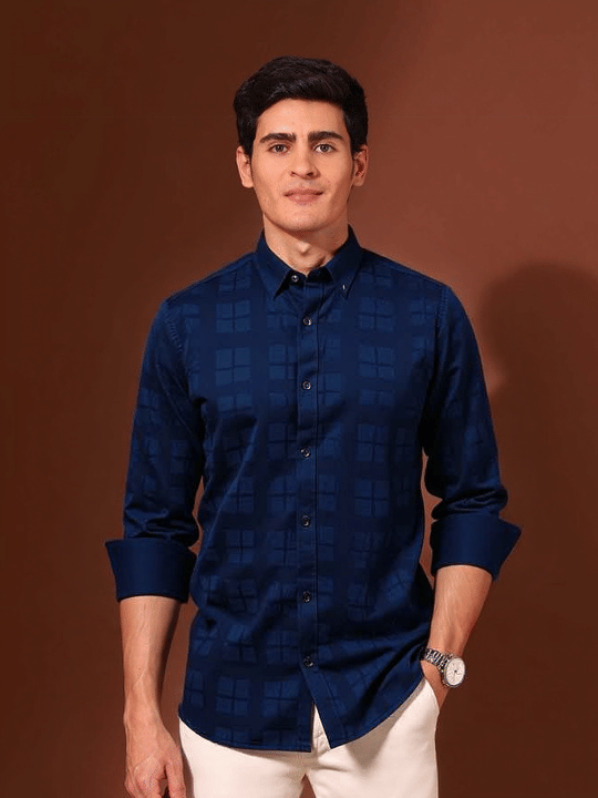     			NEW-18 Satin Regular Fit Checks Full Sleeves Men's Casual Shirt - Navy ( Pack of 1 )