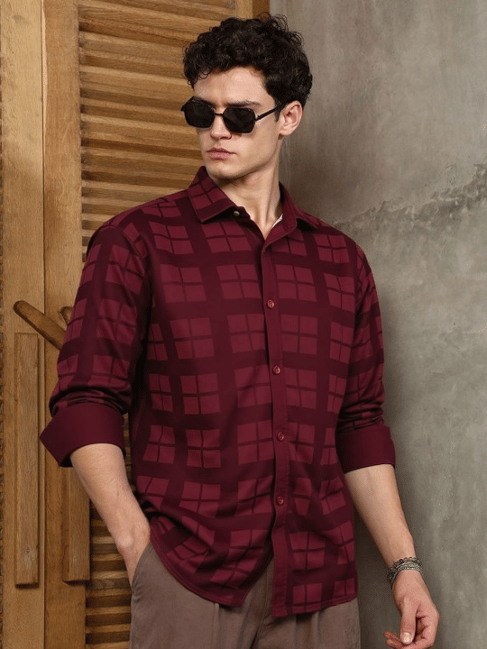     			NEW-18 Satin Regular Fit Checks Full Sleeves Men's Casual Shirt - Maroon ( Pack of 1 )